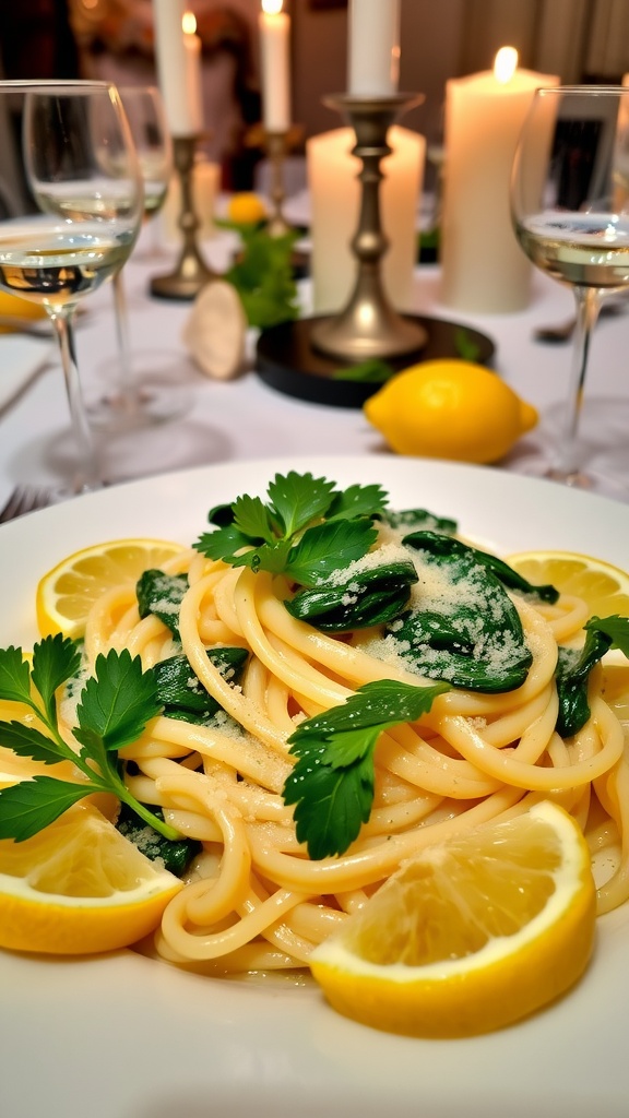 Elegant creamy lemon pasta with spinach, garnished with parsley on a beautifully set dining table.